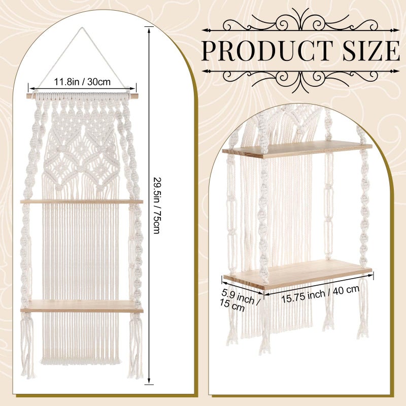 Barydat 2 Pack Macrame Wall Hanging Shelf 2 Tier Handmade Boho Hanging Wall Shelf Floating Woven Rope Decorative Storage Racks Holder Organizer for Home Bedroom Bathroom Plants, Beige (Elegant) - Image 2
