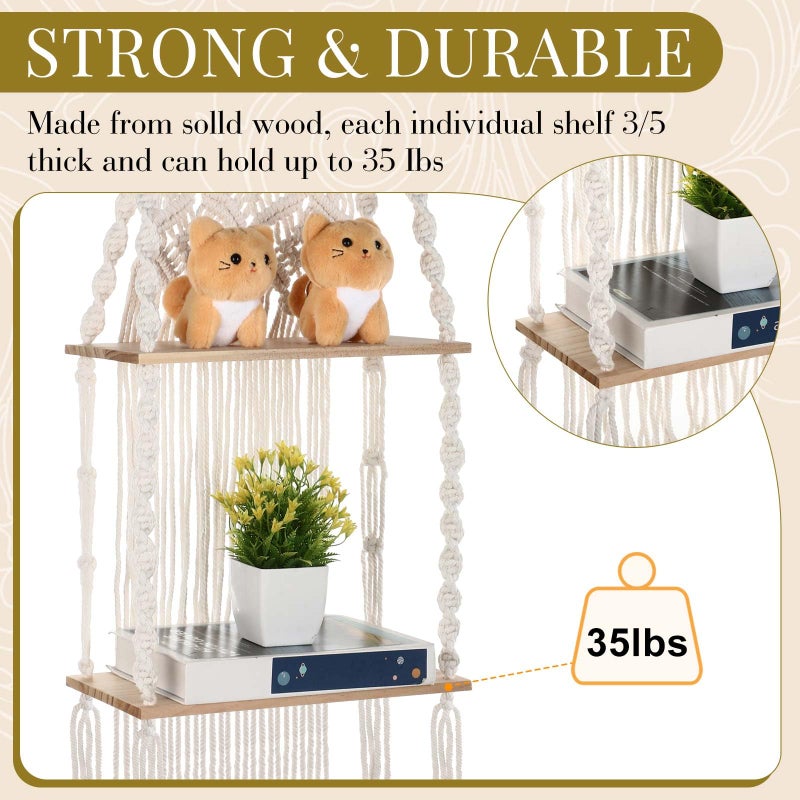 Barydat 2 Pack Macrame Wall Hanging Shelf 2 Tier Handmade Boho Hanging Wall Shelf Floating Woven Rope Decorative Storage Racks Holder Organizer for Home Bedroom Bathroom Plants, Beige (Elegant) - Image 3