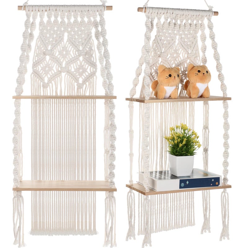 Barydat 2 Pack Macrame Wall Hanging Shelf 2 Tier Handmade Boho Hanging Wall Shelf Floating Woven Rope Decorative Storage Racks Holder Organizer for Home Bedroom Bathroom Plants, Beige (Elegant) - Image 1