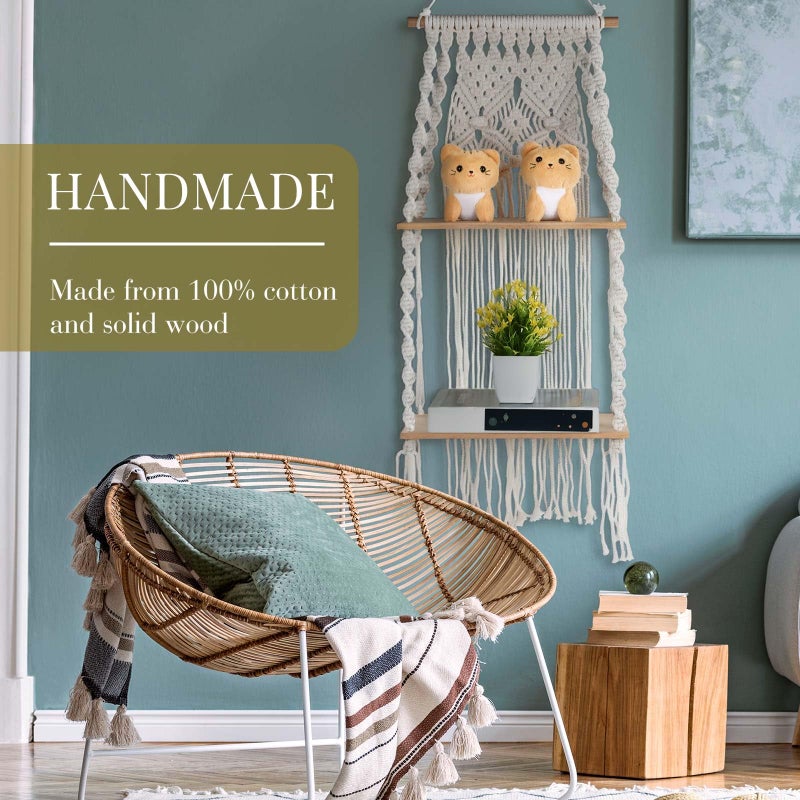 Barydat 2 Pack Macrame Wall Hanging Shelf 2 Tier Handmade Boho Hanging Wall Shelf Floating Woven Rope Decorative Storage Racks Holder Organizer for Home Bedroom Bathroom Plants, Beige (Elegant) - Image 5