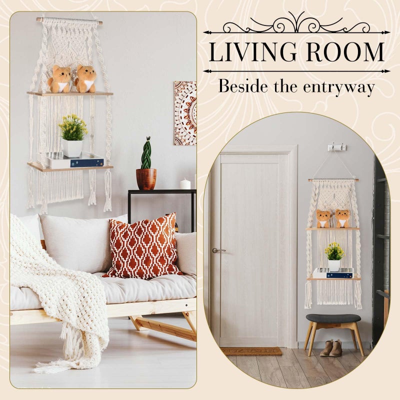 Barydat 2 Pack Macrame Wall Hanging Shelf 2 Tier Handmade Boho Hanging Wall Shelf Floating Woven Rope Decorative Storage Racks Holder Organizer for Home Bedroom Bathroom Plants, Beige (Elegant) - Image 4