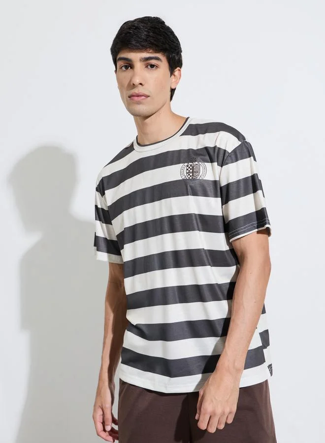 Styli  Multi-Color Striped T-Shirt and Solid Shorts Pyjama Set for Men | Best Price UAE