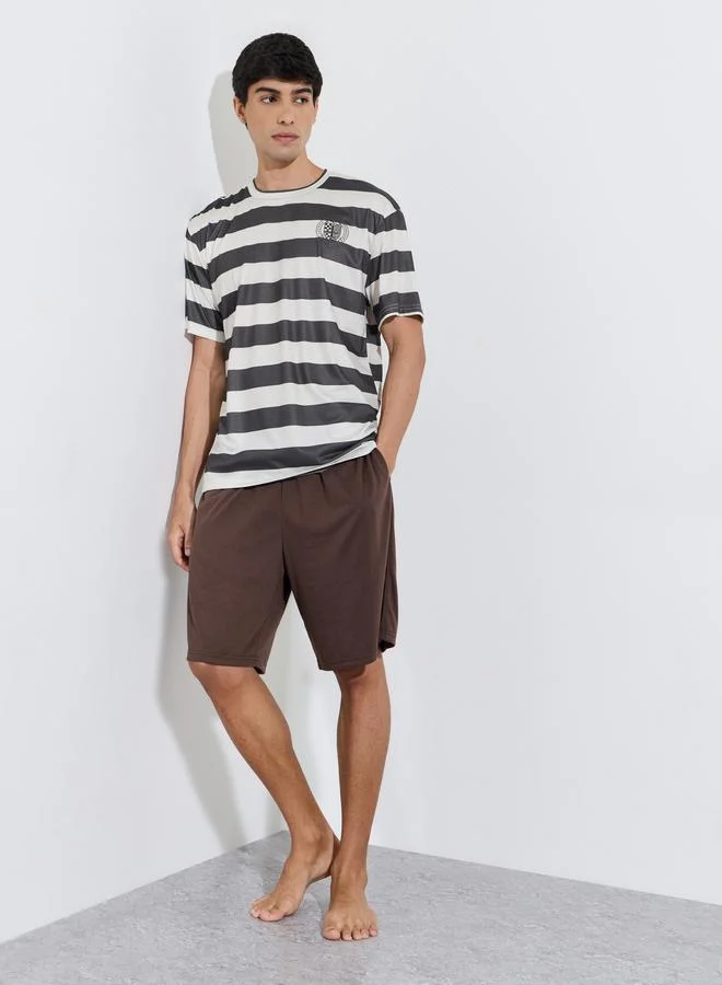 Multi-Color Striped T-Shirt and Solid Shorts Pyjama Set