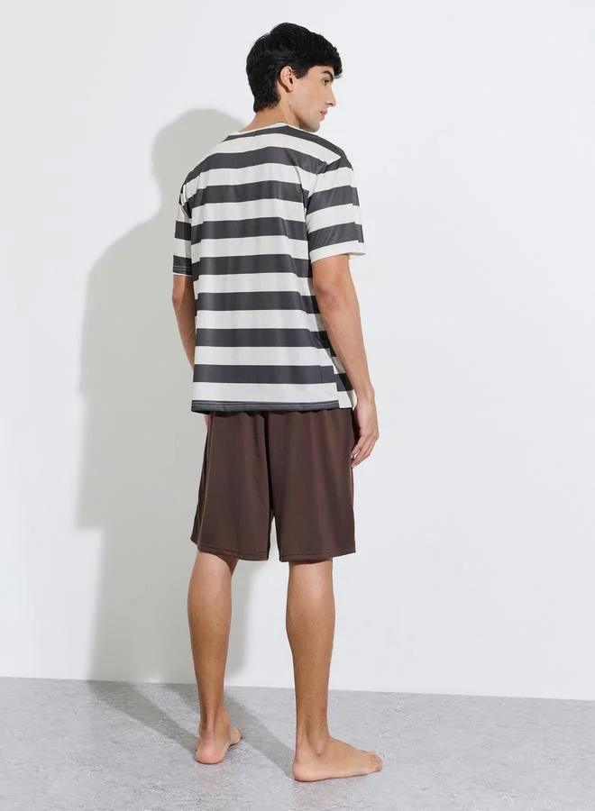 Styli  Multi-Color Striped T-Shirt and Solid Shorts Pyjama Set for Men | Best Price UAE