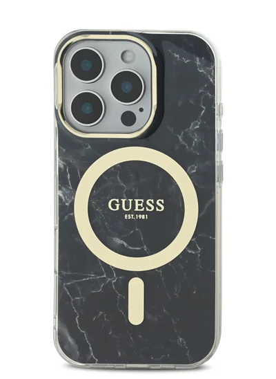 GUESS iPhone 16 Pro Max MagSafe Case IML Hard Cover with Marble Design / Comfortable Grip / Easy Snap-On / Precise Port Cutouts - Black