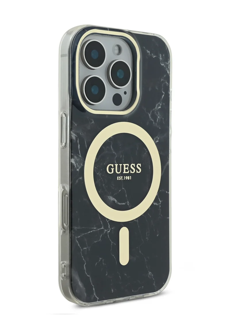 GUESS iPhone 16 Pro Max MagSafe Case IML Hard Cover with Marble Design / Comfortable Grip / Easy Snap-On / Precise Port Cutouts - Black