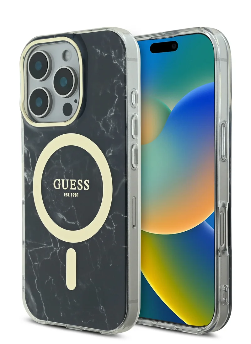 GUESS iPhone 16 Pro Max MagSafe Case IML Hard Cover with Marble Design / Comfortable Grip / Easy Snap-On / Precise Port Cutouts - Black