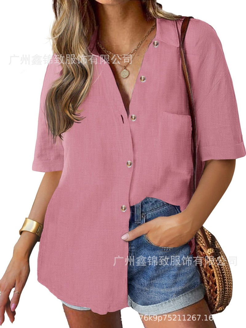 2025 Women'S Linen Shirt Cotton Buttoned Shirt Short Sleeve Loose Collared Casual Work Shirt - Image 5