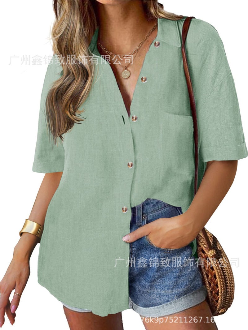 2025 Women'S Linen Shirt Cotton Buttoned Shirt Short Sleeve Loose Collared Casual Work Shirt - Image 4