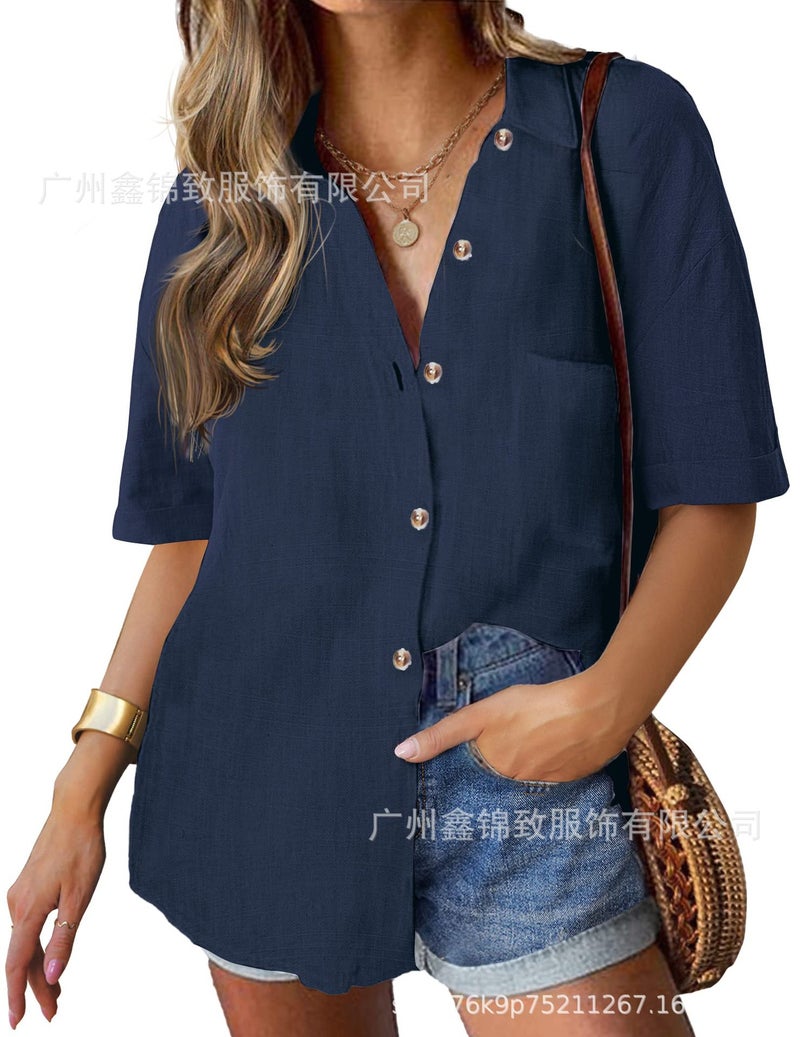 2025 Women'S Linen Shirt Cotton Buttoned Shirt Short Sleeve Loose Collared Casual Work Shirt - Image 1