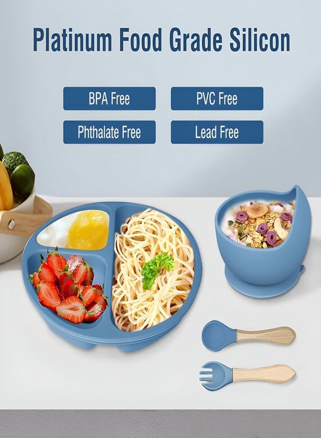 BIYALI Silicone Baby Feeding Set – 6Pcs Kit with Suction Base Bowl & Plate, Baby-Friendly Spoon, Fork, Bib with Catcher & Sippy Cup – Food Grade, Durable & Travel Friendly (Blue) - Image 3
