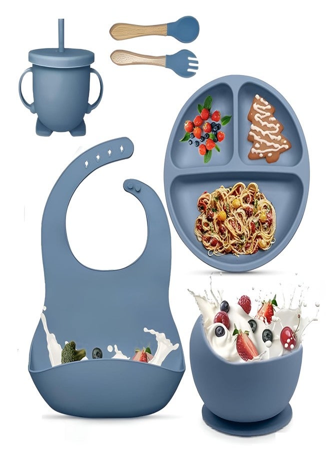 BIYALI Silicone Baby Feeding Set – 6Pcs Kit with Suction Base Bowl & Plate, Baby-Friendly Spoon, Fork, Bib with Catcher & Sippy Cup – Food Grade, Durable & Travel Friendly (Blue) - Image 1