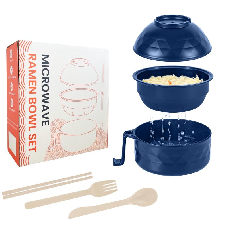 RORBAM Microwave Ramen Cooker,Ramen Bowl Set,Microwave Noodle Bowl With Chopsticks and Spoon, College Dorm Room Essentials for Girls for Boys, Apartment Essentials, BPA-Free. (Deep Blue) - Image 1