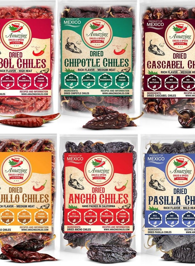 Amazing Chiles & Spices Dried Peppers 6 Pack Bundle - Ancho, Guajillo, Pasilla, Arbol, Chipotle, Cascabel (24oz Total). - Image 1