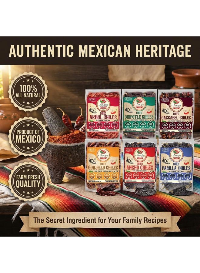 Amazing Chiles & Spices Dried Peppers 6 Pack Bundle - Ancho, Guajillo, Pasilla, Arbol, Chipotle, Cascabel (24oz Total). - Image 5