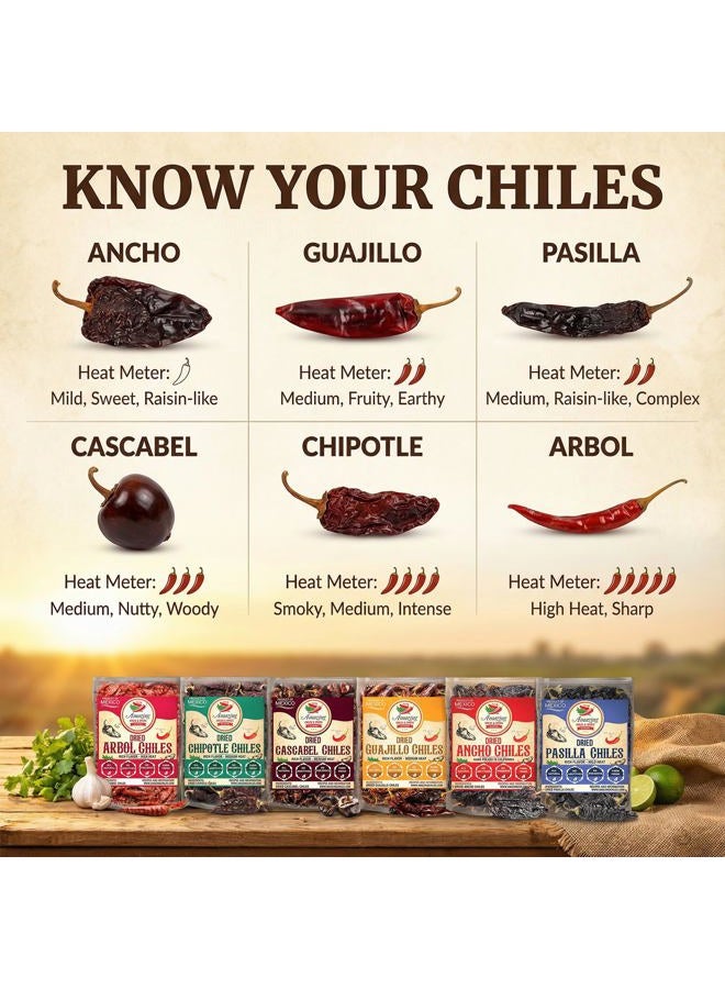Amazing Chiles & Spices Dried Peppers 6 Pack Bundle - Ancho, Guajillo, Pasilla, Arbol, Chipotle, Cascabel (24oz Total). - Image 4