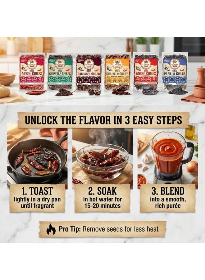 Amazing Chiles & Spices Dried Peppers 6 Pack Bundle - Ancho, Guajillo, Pasilla, Arbol, Chipotle, Cascabel (24oz Total). - Image 3