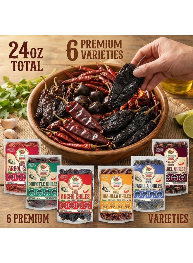Amazing Chiles & Spices Dried Peppers 6 Pack Bundle - Ancho, Guajillo, Pasilla, Arbol, Chipotle, Cascabel (24oz Total). - Image 2