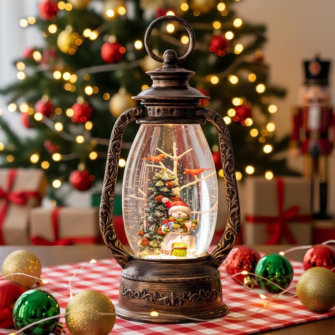 12 CHRISTMAS MUSICAL SNOW GLOBE LANTERN SPINNING WATER GLITTERING SNOWMAN WITH HOLIDAY TREE SCENE BATTERY USB POWERED LIGHT FOR HOME DECORATION