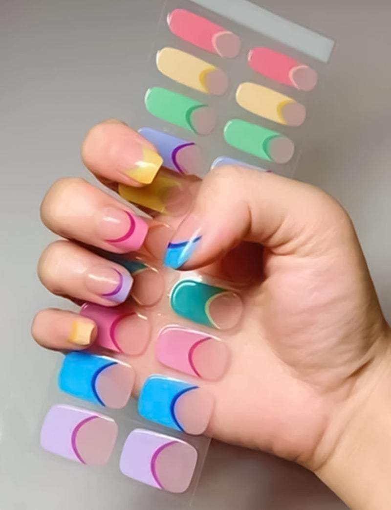 Wahrshei Semi Cured Gel Nail Strips, Spring Rainbow, 20pcs Macaron French Gel Nail Stickers Work with UV, Easy to Use and Remove - Image 2