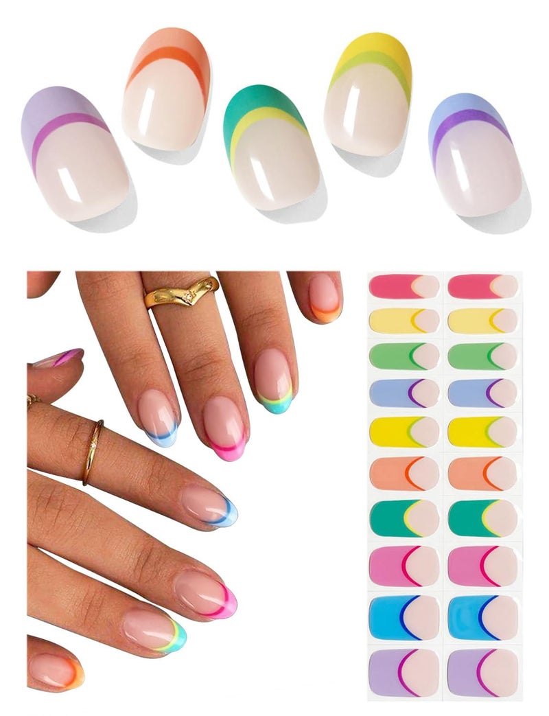 Wahrshei Semi Cured Gel Nail Strips, Spring Rainbow, 20pcs Macaron French Gel Nail Stickers Work with UV, Easy to Use and Remove - Image 1