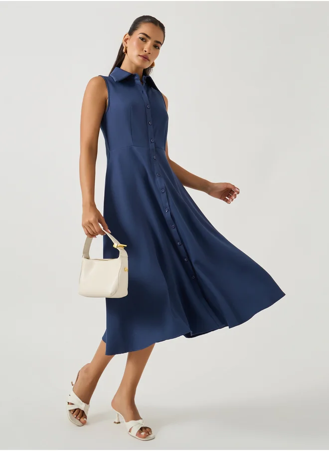 ستايلي Plain Sleeveless Shirt Midi Dress