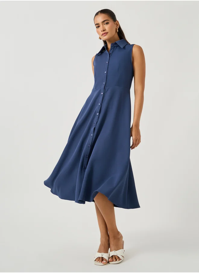 ستايلي Plain Sleeveless Shirt Midi Dress