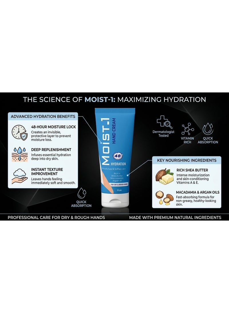 كريم MOIST.1 لليدين 50 جم، مرطب لليدين بترطيب يدوم حتى 48 ساعة مع زبدة الشيا وزيت المكاديميا والأرجان، مناسب لليدين الجافة والخشنة لترطيب وتنعيم البشرة. - Image 4