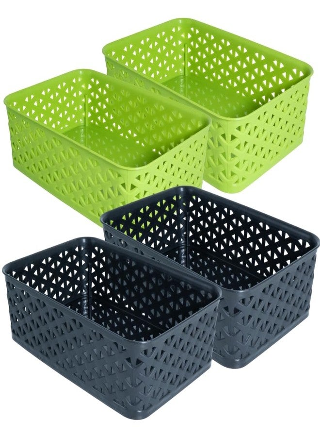 Morvi Libra-2 Multi-Purpose Plastic Storage Basket|Stackable Organizer Tokri For Home,Kitchen,Bathroom & Office|Ideal For Toys,Clothes,Cosmetics,Stationery|Set Of 4|Green Black - Image 1