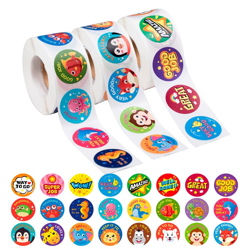 3 Rolls Motivational Stickers for Kids 1500 Pcs Teacher Reward Stickers School Supplies Roll Sticker Potty Training Sticker for School Classroom Home 24 Designs 3 Animal Roll