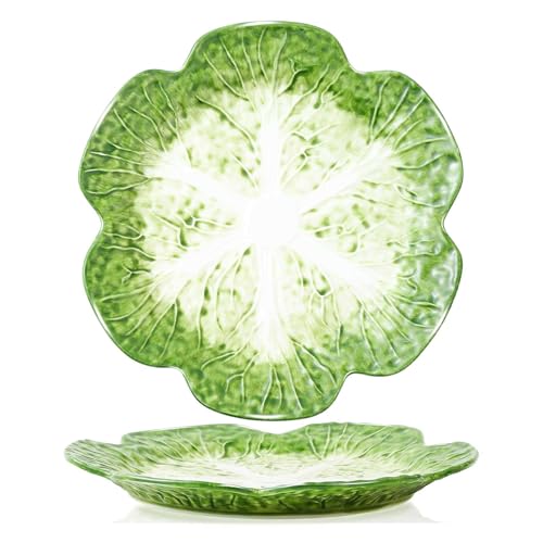 KXZ 1 Pcs Green Ceramic Salad Plate, 10.5 Inch Porcelain Decorative Plates for Kitchen, Round cabbage dishware for Dessert, Decorative, Dinner, Pancakes, Steak, Cabbage Plate Microwave & Dishwasher Safe - Image 1
