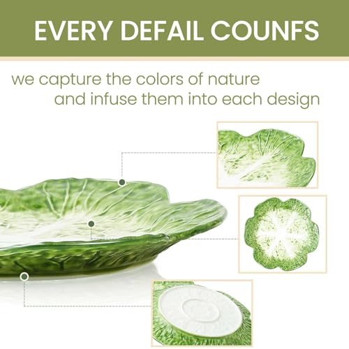KXZ 1 Pcs Green Ceramic Salad Plate, 10.5 Inch Porcelain Decorative Plates for Kitchen, Round cabbage dishware for Dessert, Decorative, Dinner, Pancakes, Steak, Cabbage Plate Microwave & Dishwasher Safe - Image 3