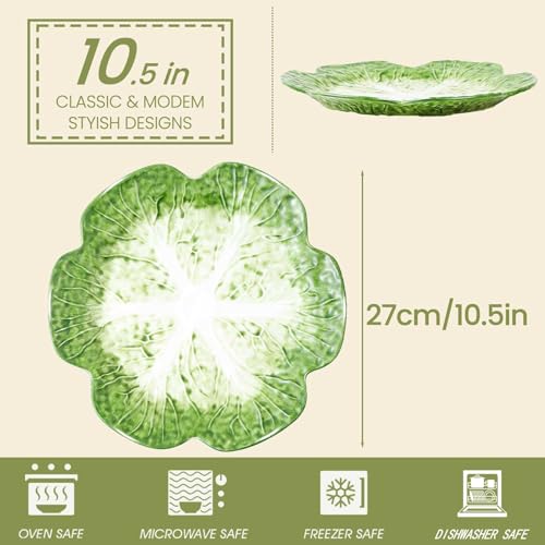KXZ 1 Pcs Green Ceramic Salad Plate, 10.5 Inch Porcelain Decorative Plates for Kitchen, Round cabbage dishware for Dessert, Decorative, Dinner, Pancakes, Steak, Cabbage Plate Microwave & Dishwasher Safe - Image 2