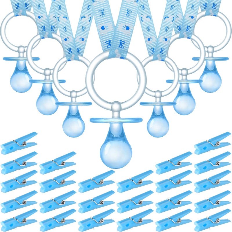 Tondiamo 48 Pieces Baby Pacifiers Party Favors with 24 Plastic Pacifiers and 24 Mini Clothes Pins Transparent Baby Showers Pacifiers Necklace Baby Girl Boy Pacifier Necklace for Party Favor(Blue) - Image 1