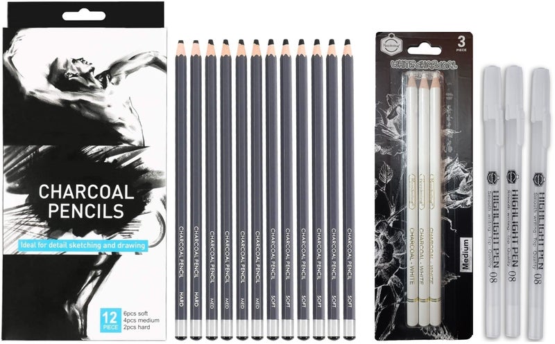 ChiggiWiggi ChiggiWiggi Charcoal Pencils Drawing Set- 12 Pieces Soft Medium and Hard for Drawing, Sketching, Shading With 3 Pcs White Medium Charcoal Pencil For Drawing and 3 Pcs White Highlight Gel Pen Art Set  - Image 1