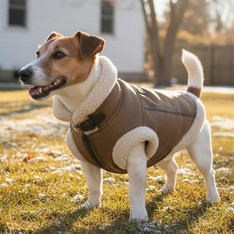 LUVMOJO Retro Aviator Dog Jacket, Faux Leather Sherpa Lined Winter Coat for Small, Medium & Large Dogs, Warm Windproof Pilot Style Clothes for Male & Female Puppy, Cold Weather Outfit for Poodle, M - Image 3