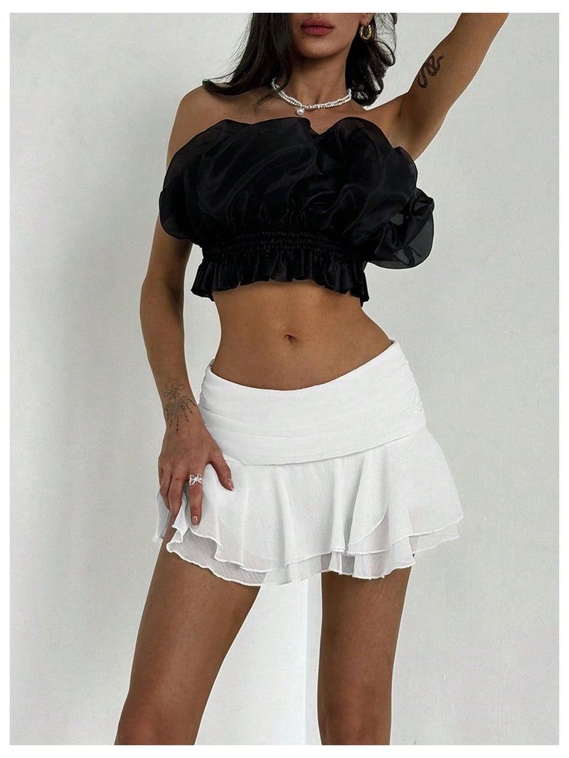 MakeMeChic Women's Ruffle Mini Skirt Tiered Layer Mesh Sheer Flared Rave Party Skirts White Small - Image 5