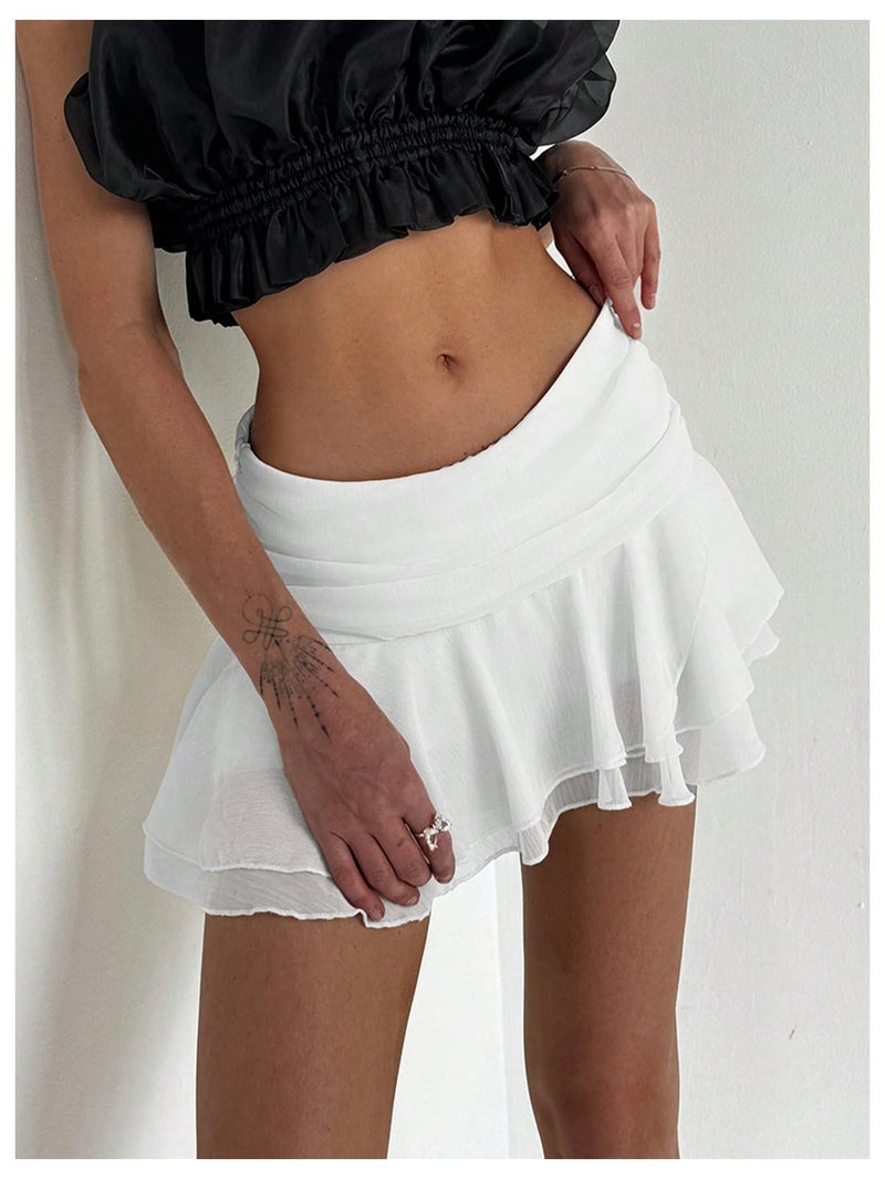 MakeMeChic Women's Ruffle Mini Skirt Tiered Layer Mesh Sheer Flared Rave Party Skirts White Small - Image 2