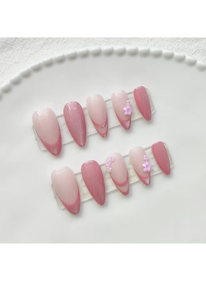 LUMYA 24 Pcs Glitter Flower Almond Press on Nail, Medium French Tip Glossy Fake Nails Set with Nail File and Jelly Glue, Reusable Full Cover Acrylic False Nails for Women Girls (Pink) - Image 2