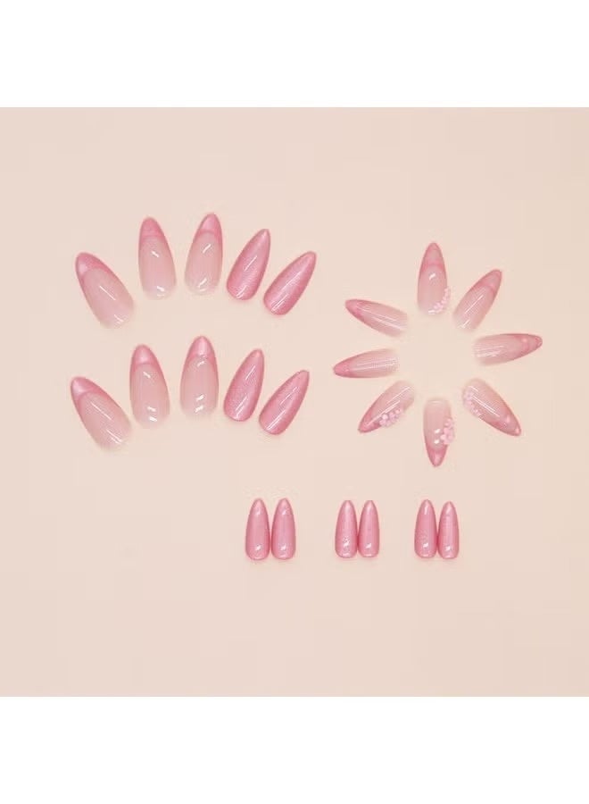 LUMYA 24 Pcs Glitter Flower Almond Press on Nail, Medium French Tip Glossy Fake Nails Set with Nail File and Jelly Glue, Reusable Full Cover Acrylic False Nails for Women Girls (Pink) - Image 3