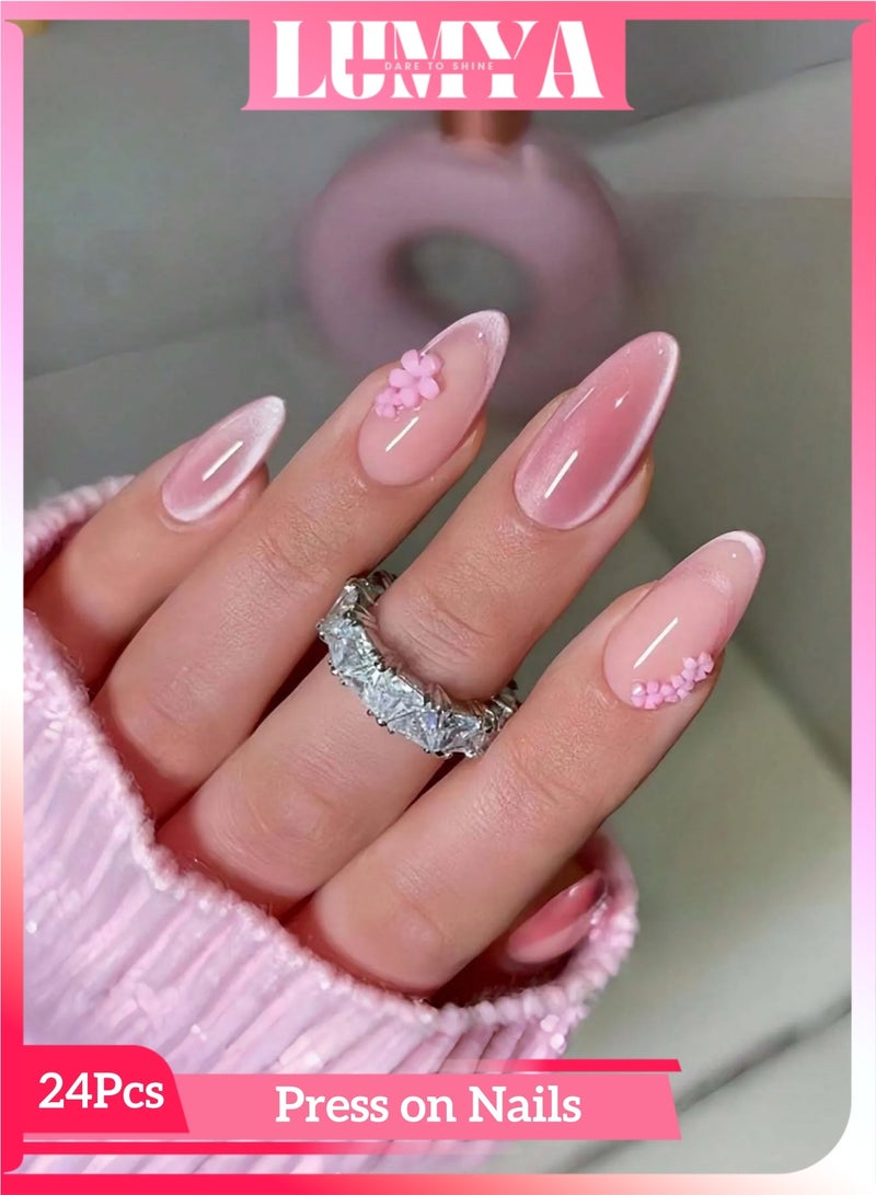 LUMYA 24 Pcs Glitter Flower Almond Press on Nail, Medium French Tip Glossy Fake Nails Set with Nail File and Jelly Glue, Reusable Full Cover Acrylic False Nails for Women Girls (Pink) - Image 1