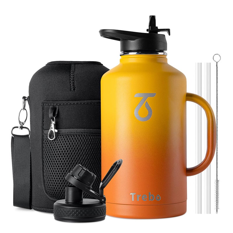 Trebo Insulated Water Bottle 2L Stainless Steel Water Bottle 2L Metal Bottle 2L with Handle Metal Large Jug Travel Flask with Straw Spout Lid Mug Tumbler Cup with Carry Pouch Keep Cold Hot Orange