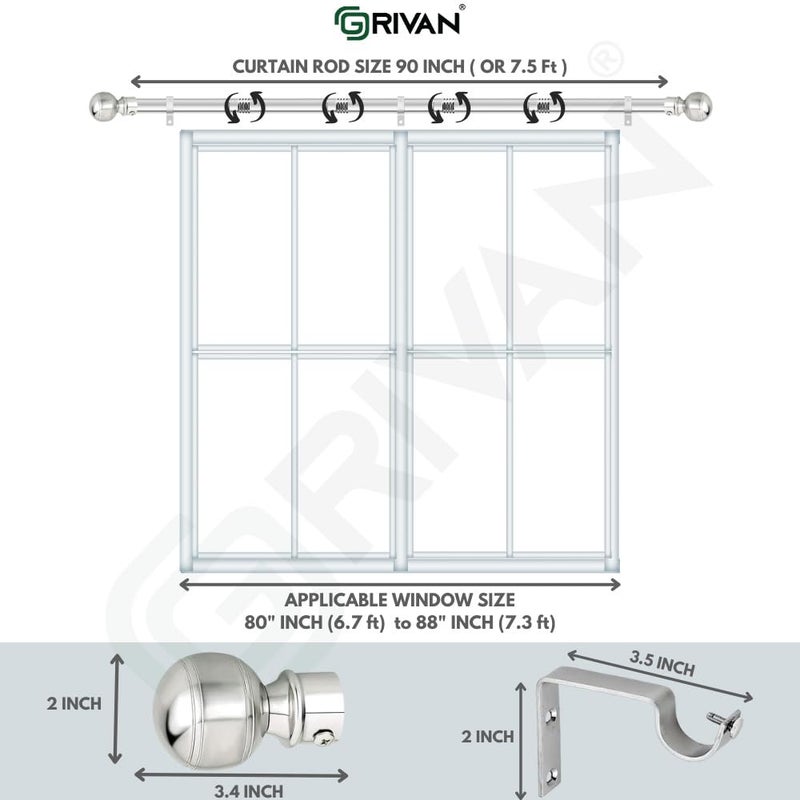 GRIVAN Stainless Steel 1 Inch Curtain RodPipe Steel curtain KnobFinials and Curtain SupportBracket For WindowDoor Curtain Holder Set 90 Inch - Image 2