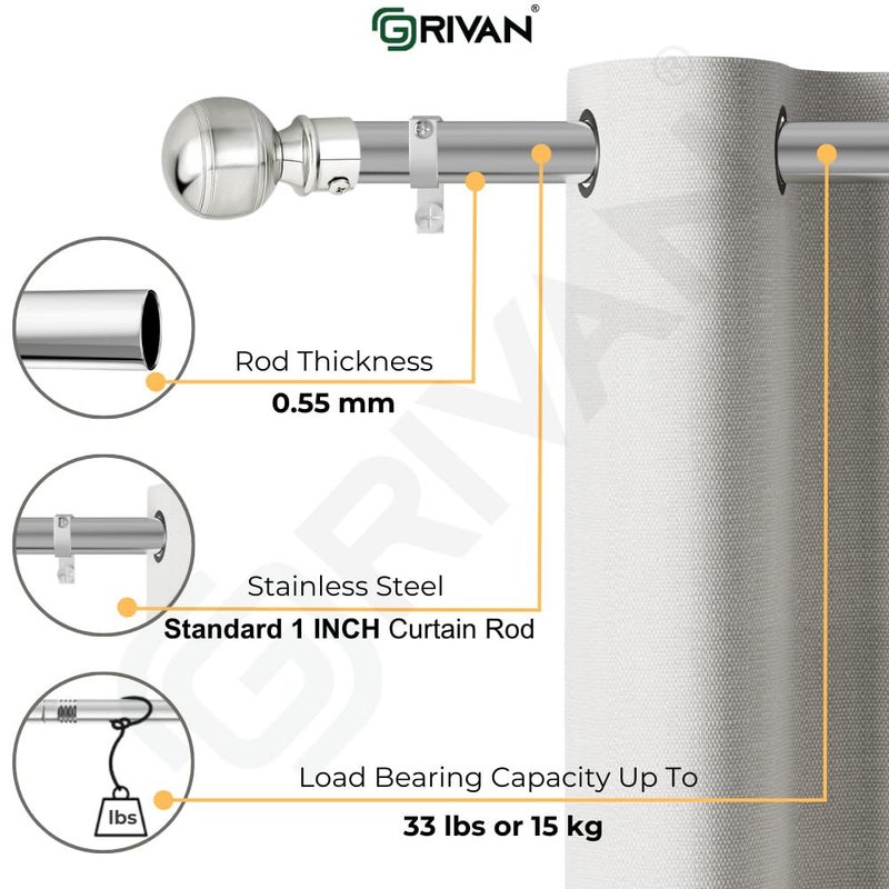 GRIVAN Stainless Steel 1 Inch Curtain RodPipe Steel curtain KnobFinials and Curtain SupportBracket For WindowDoor Curtain Holder Set 90 Inch - Image 3