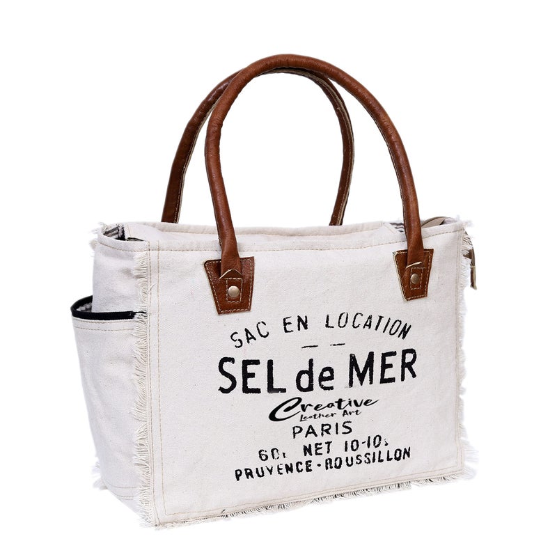 CREATIVE LEATHER ART Canvas Tote Bag for Women, Shoulder Bag with Leather Handles, Beach Bag, Handbag, Travel & Everyday Use (13 x 10 Inch, Sel De Mer Print (Off-White)) - Image 1