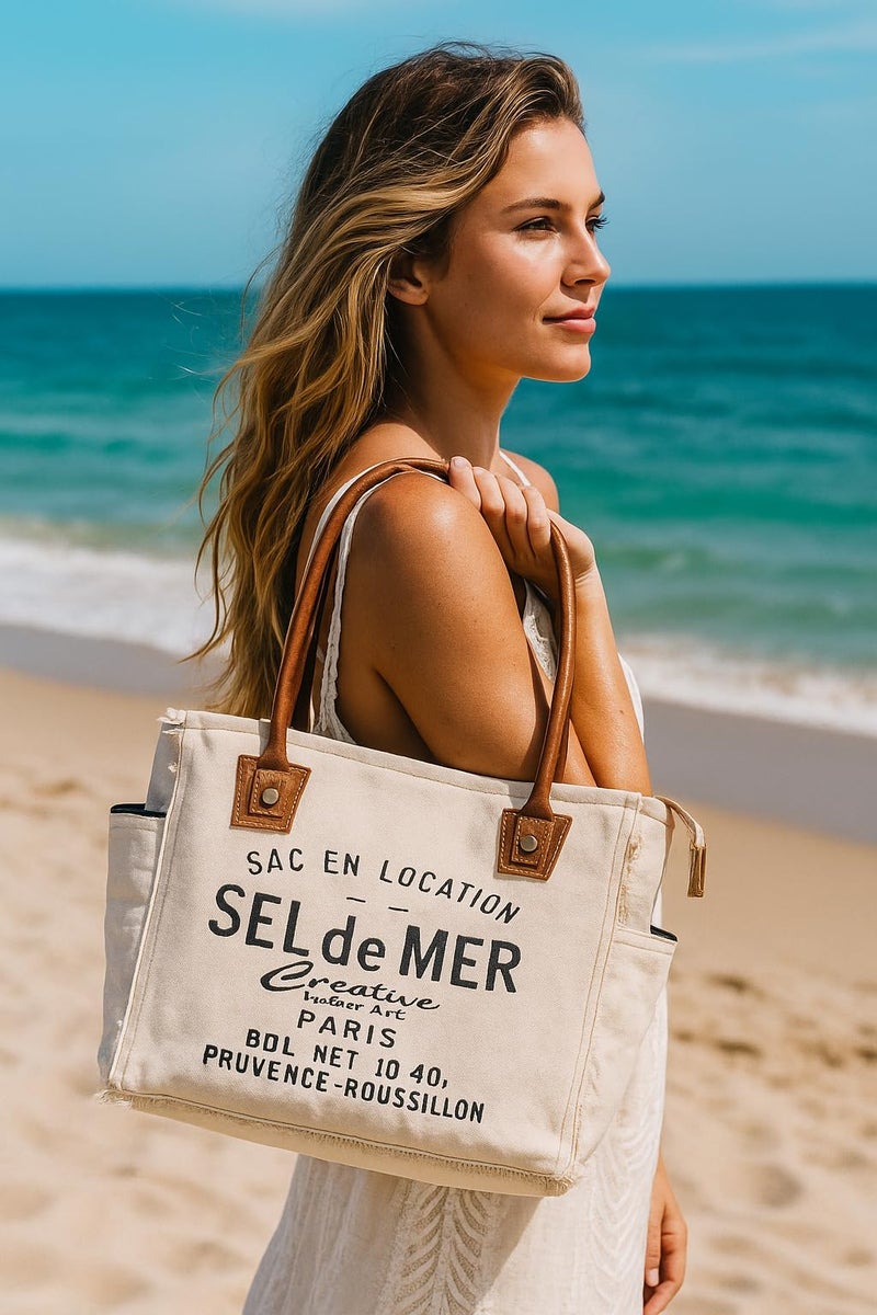 CREATIVE LEATHER ART Canvas Tote Bag for Women, Shoulder Bag with Leather Handles, Beach Bag, Handbag, Travel & Everyday Use (13 x 10 Inch, Sel De Mer Print (Off-White)) - Image 2