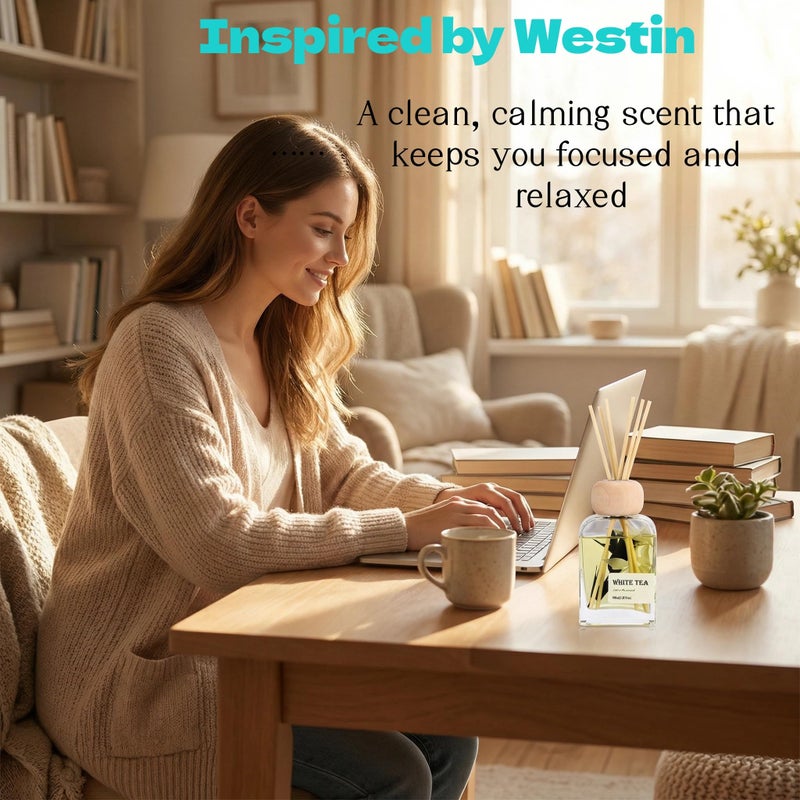 Vietora Eud White Tea Essential Oil Reed Diffusers,Luxury Hotel Collection Diffuser Oil Inspired by Westin for Home&Office, Bedroom Living Room Shelf Decor,Bathroom Accessories,Non-Toxic & Gift Ready,3.34 FL OZ - Image 3