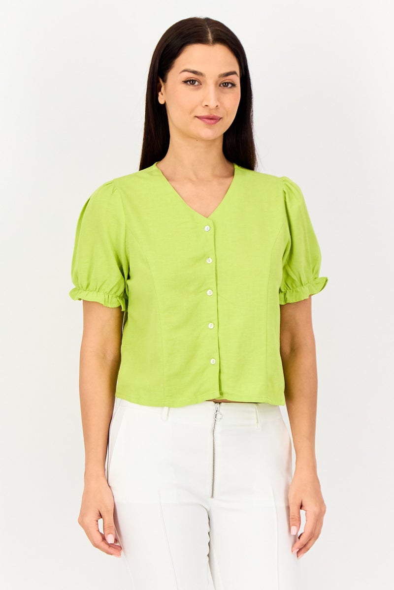 ONLY Women V-Neck Puffed Sleeve Solid Shirt, Apple Green - Image 1