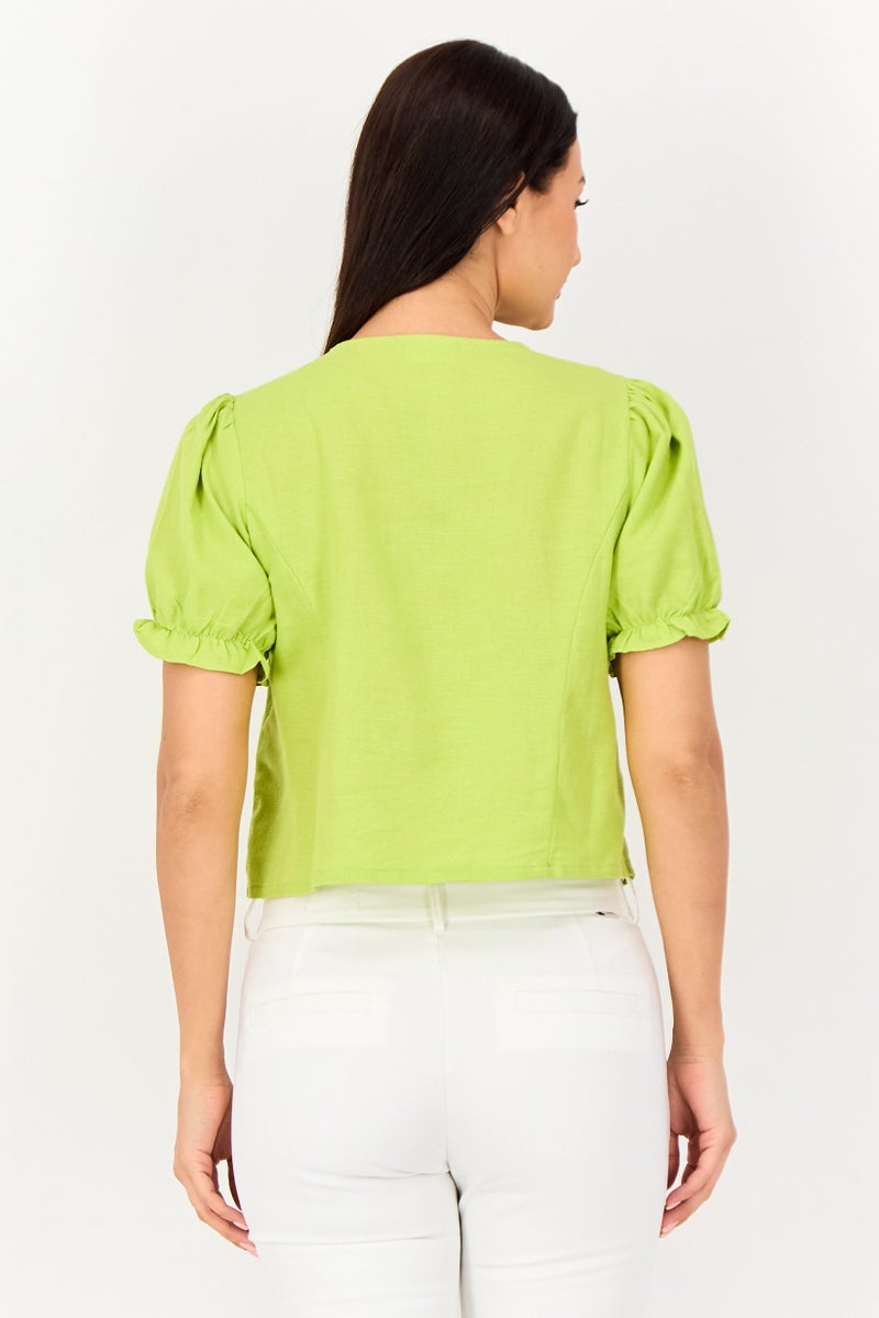 ONLY Women V-Neck Puffed Sleeve Solid Shirt, Apple Green - Image 2