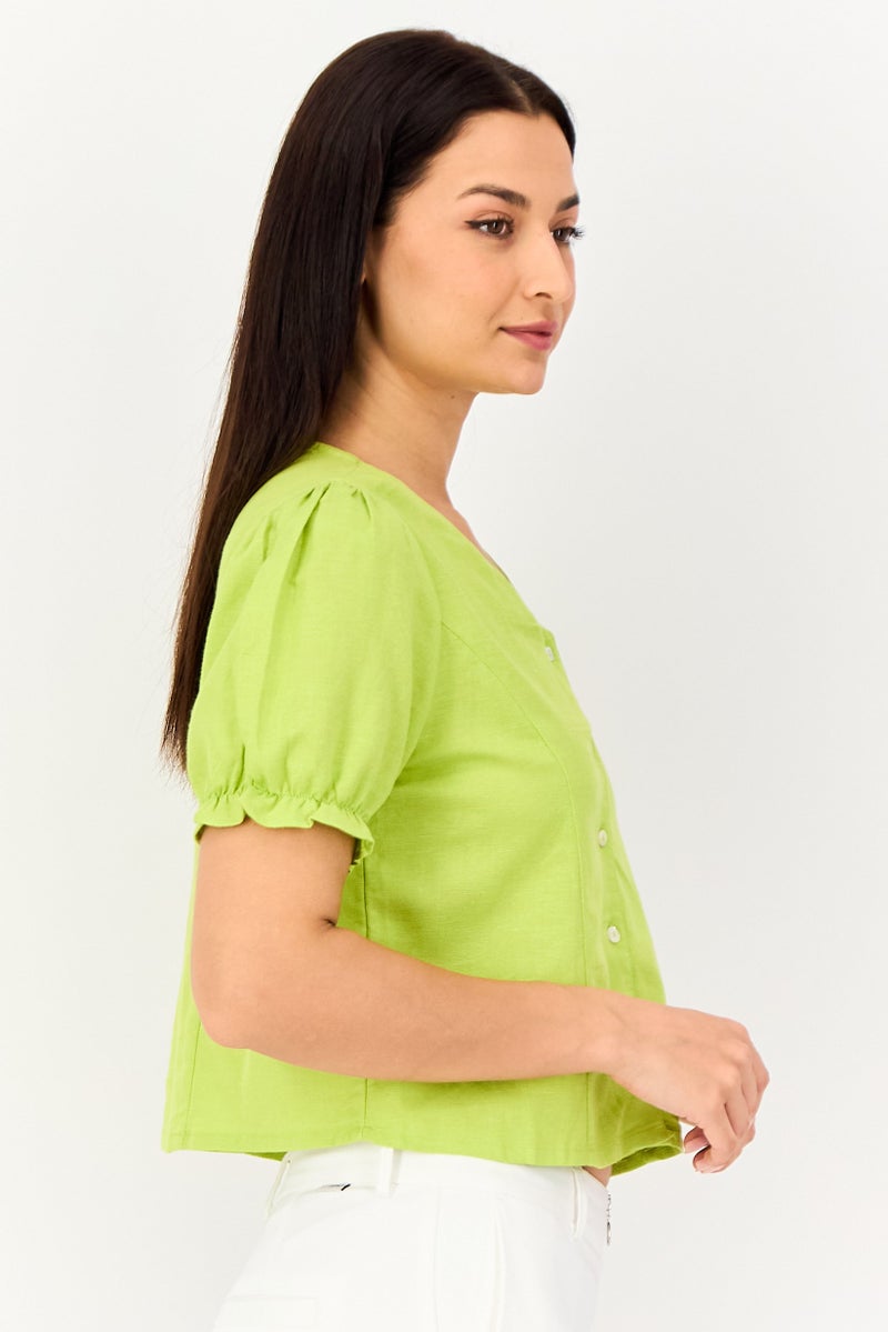ONLY Women V-Neck Puffed Sleeve Solid Shirt, Apple Green - Image 4